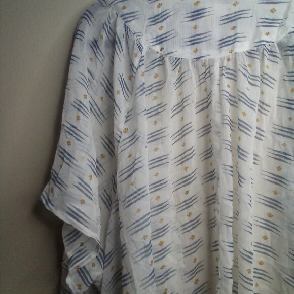 So Open Front Blouse XL Short Sleeve Sheer Patterned White Blue Yellow - Picture 3 of 16